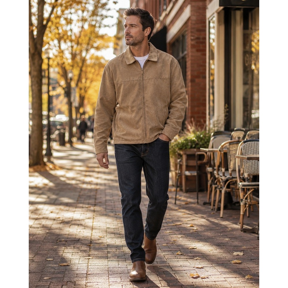 Weatherproof Mens XL Tan Faux Suede Harrington Jacket Full Zip‎ Microfiber Coat